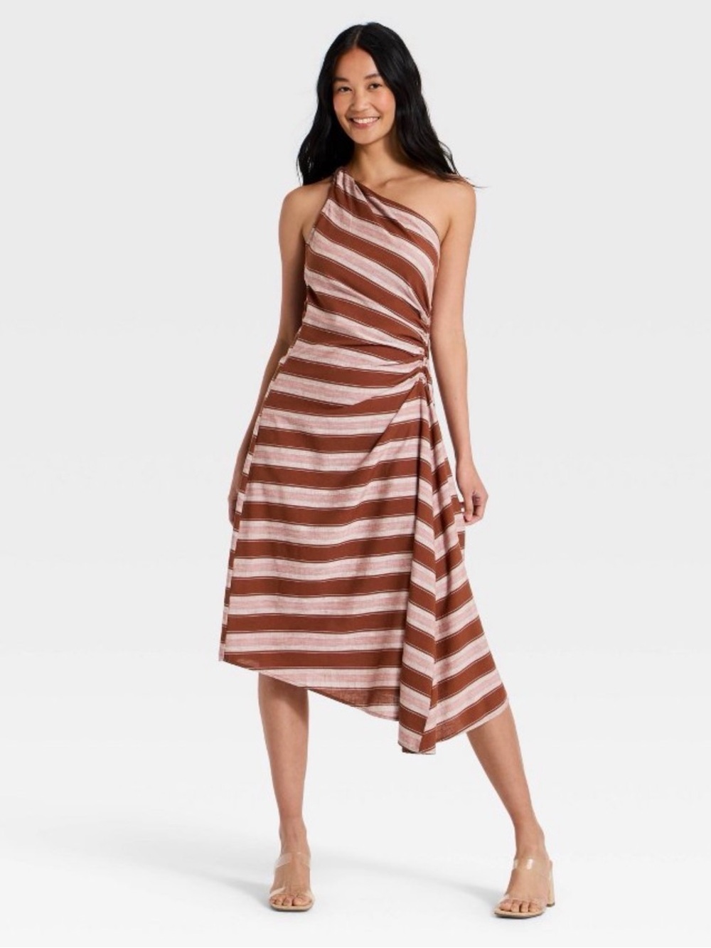 a new day One-Shoulder Striped Midi Dress in Brown and Cream